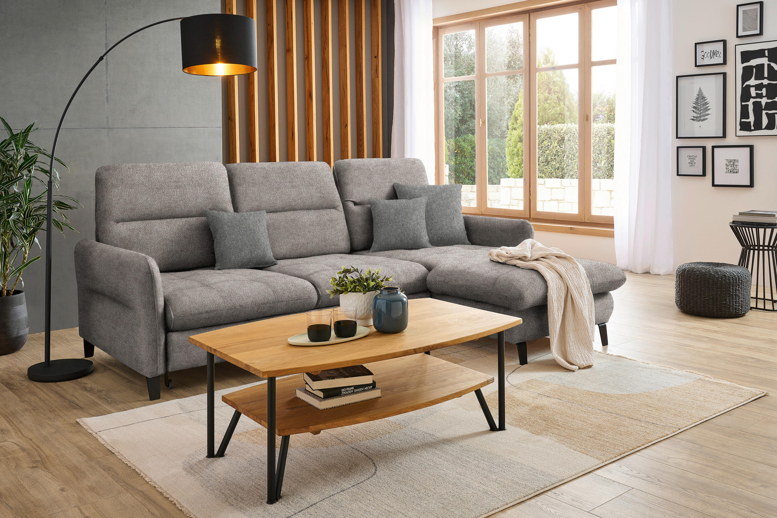 ECKSOFA Greige Flachgewebe  - Greige/Schwarz, KONVENTIONELL, Textil/Metall (254/190cm) - Livetastic