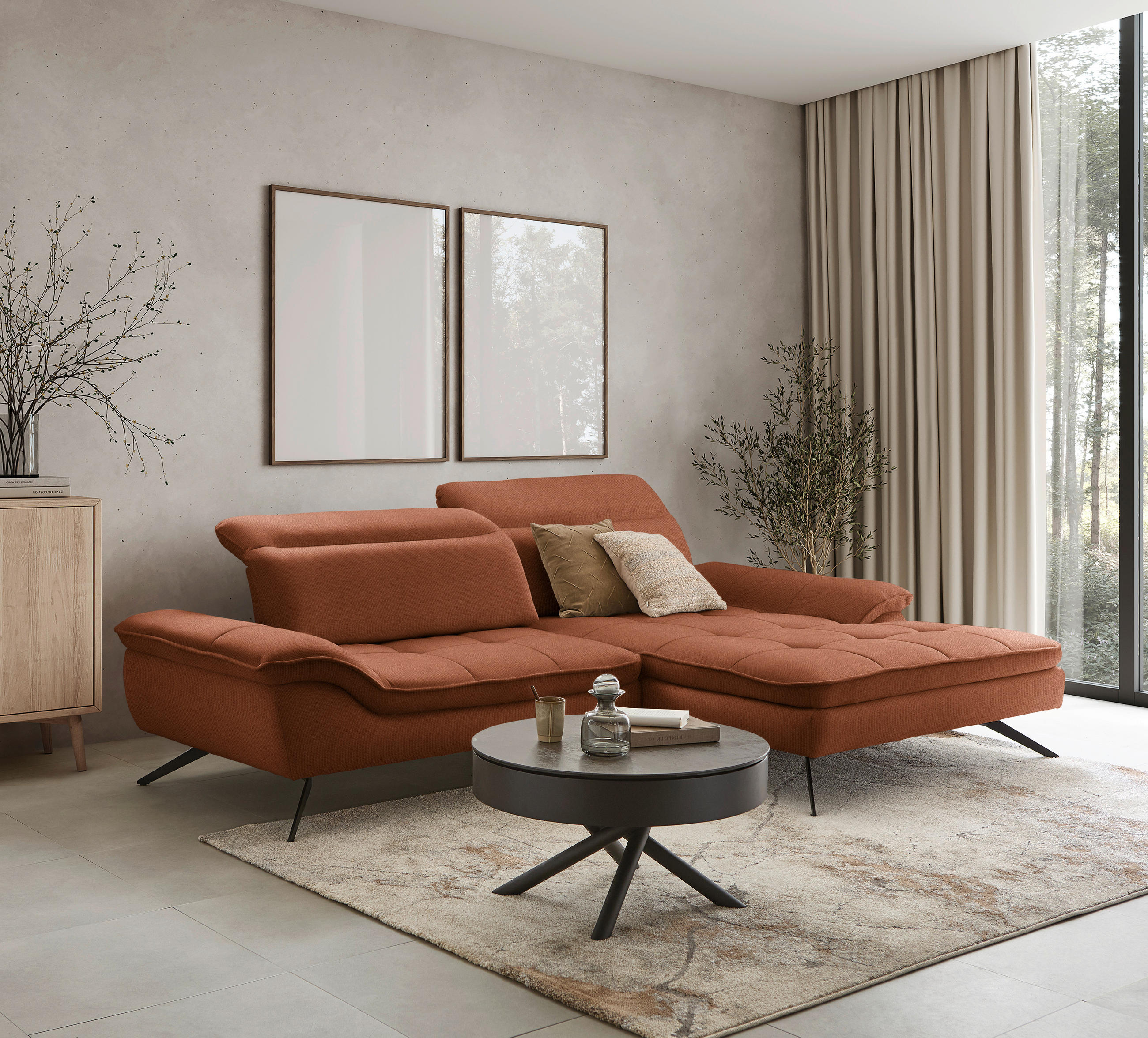 ECKSOFA in Webstoff Cognac  - Cognac/Schwarz, Design, Textil/Metall (288/179-202cm) - Stylife