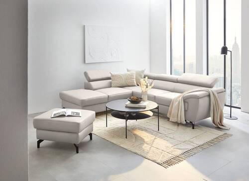 ECKSOFA Ecru Echtleder  - Ecru/Schwarz, Design, Leder/Metall (220/256cm) - Celina Home