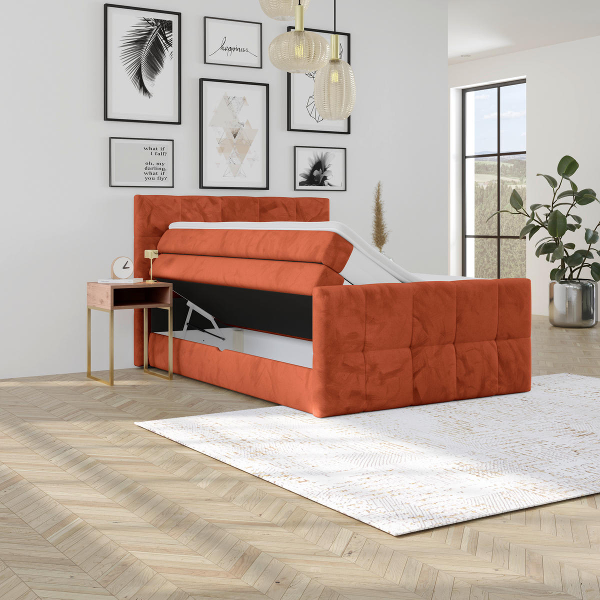 BOXSPRINGBETT 140/200 cm,  in Rostfarben, gepolstertes Kopfteil, Bettkasten, Topper, Matratzen, H3 + H3 = fest  - Rostfarben, KONVENTIONELL, Holz/Holzwerkstoff (140/200cm) - Luca Bessoni