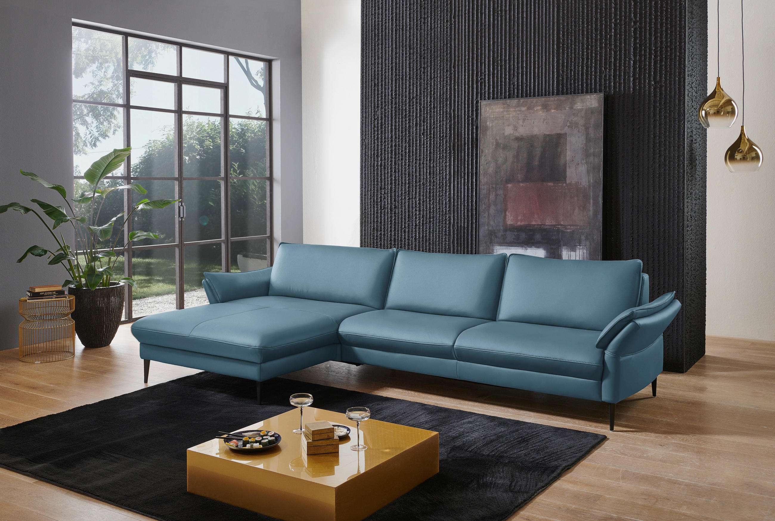 ECKSOFA in Echtleder Hellblau  - Schwarz/Hellblau, Design, Leder/Metall (172/334cm) - Valdera