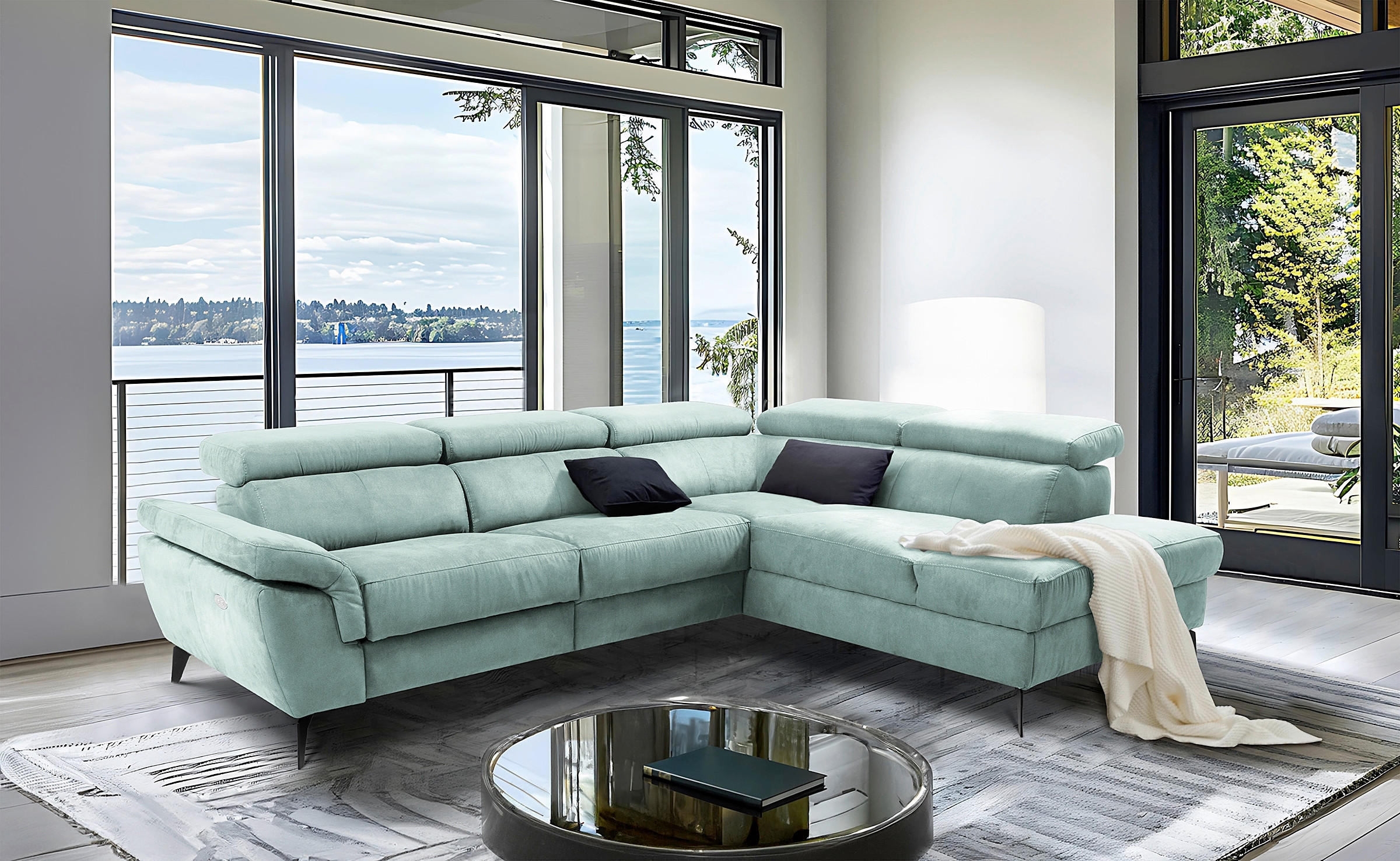 ECKSOFA Lederlook Hellblau  - Schwarz/Hellblau, Design, Textil/Metall (265/210cm) - Livetastic