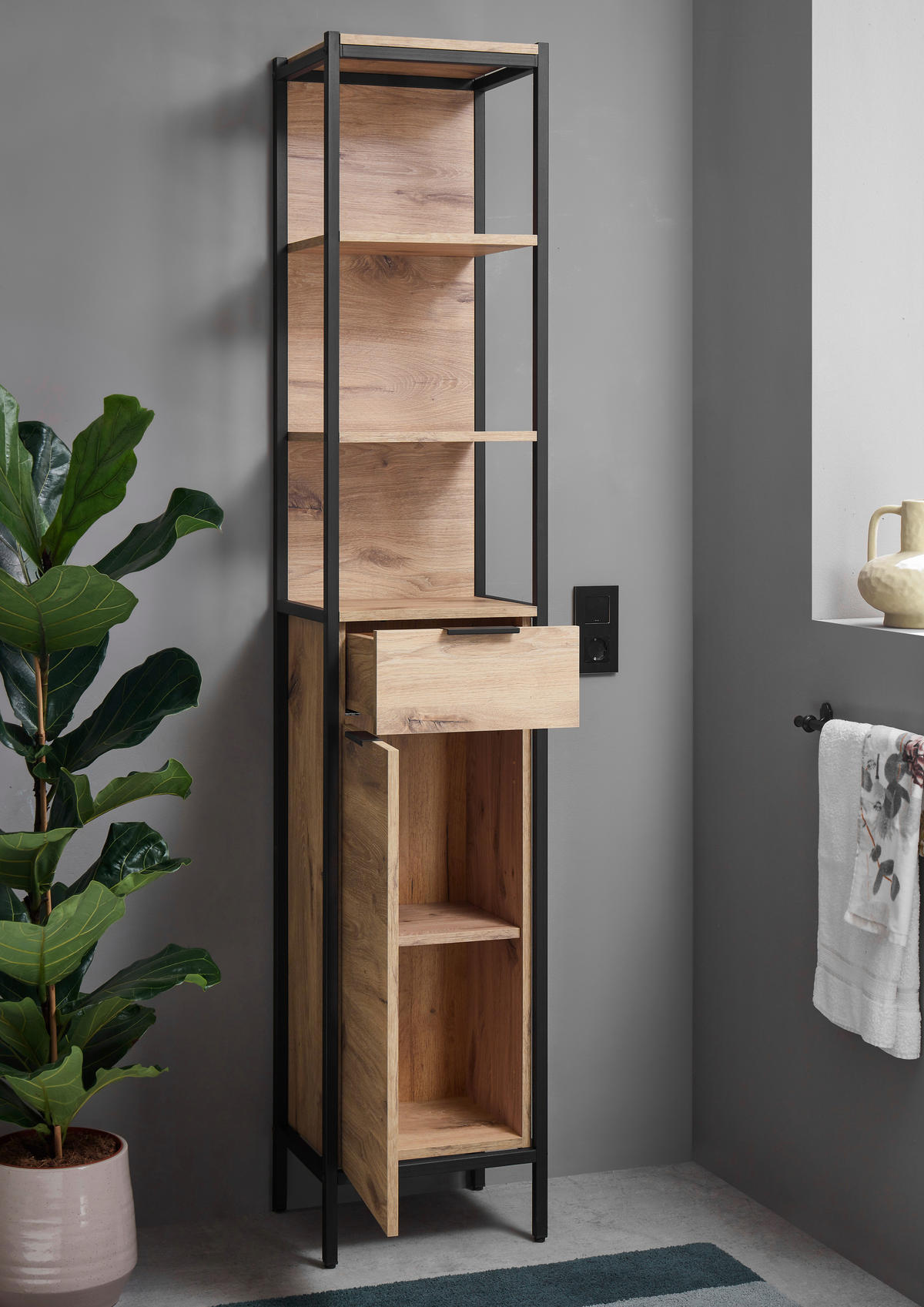 HOCHSCHRANK 38/195/30 cm  - Eichefarben/Schwarz, KONVENTIONELL, Holzwerkstoff/Kunststoff (38/195/30cm) - home24