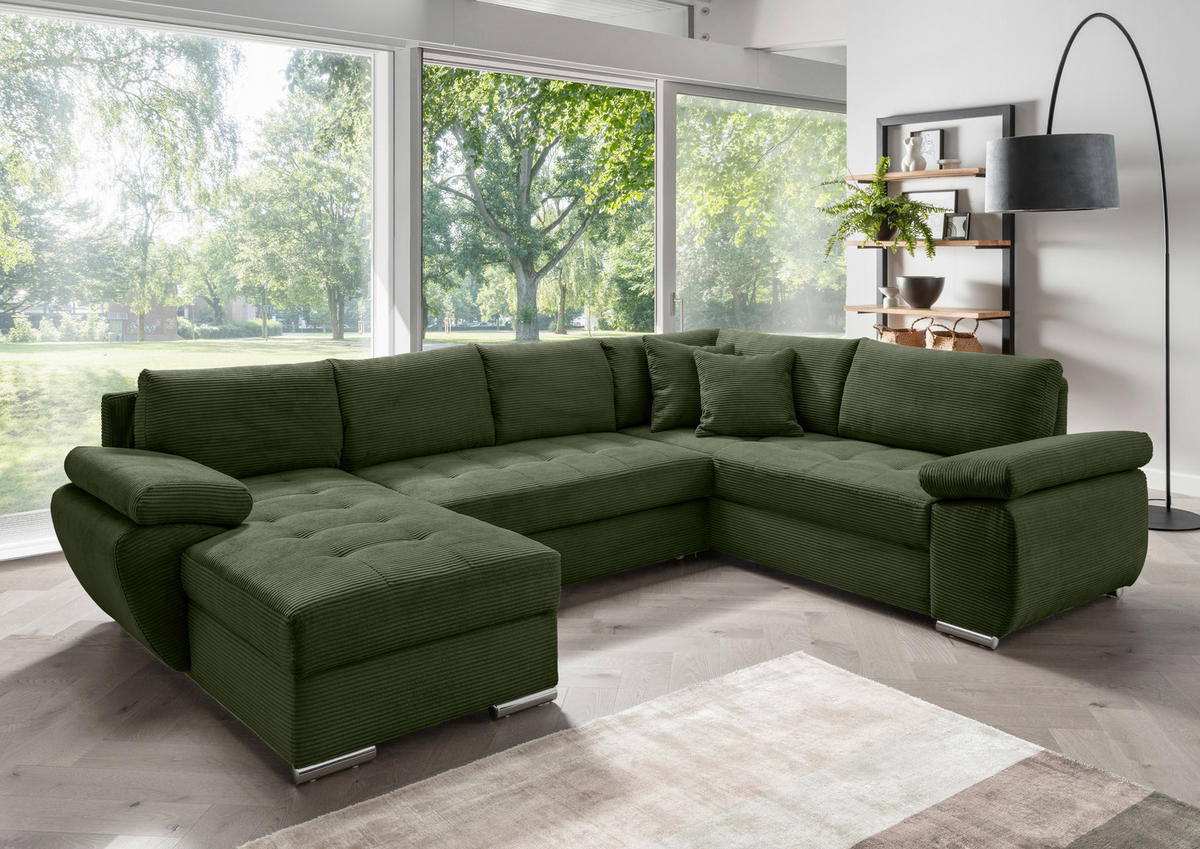 WOHNLANDSCHAFT Dunkelgrün Cord  - Chromfarben/Dunkelgrün, KONVENTIONELL, Textil/Metall (157/305/219cm) - Livetastic