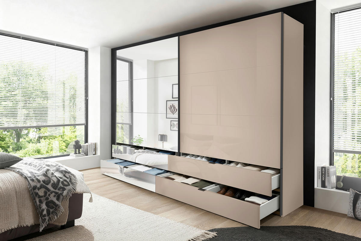 SCHWEBETÜRENSCHRANK 306/222/68 cm 2-türig Elfenbein  - Elfenbein/Schwarz, Design, Glas/Holzwerkstoff (306/222/68cm) - Dieter Knoll