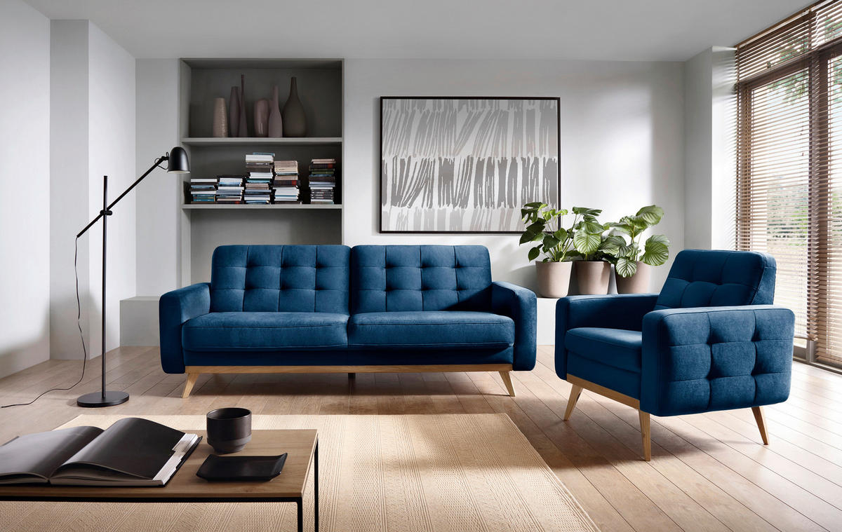 FERNSEHSESSEL  mit Rücken echt Velours Dunkelblau  - Eichefarben/Dunkelblau, Design, Holz/Textil (81/87/78cm) - Stylife