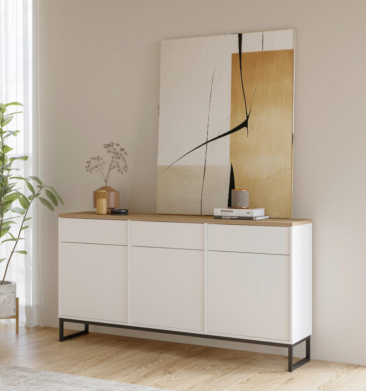 SIDEBOARD Alto 156,8/84,1/36,5 cm 3 Schublade(n)  - Weiss/Eichefarben, Design, Holzwerkstoff/Metall (156,8/84,1/36,5cm) - MID.YOU
