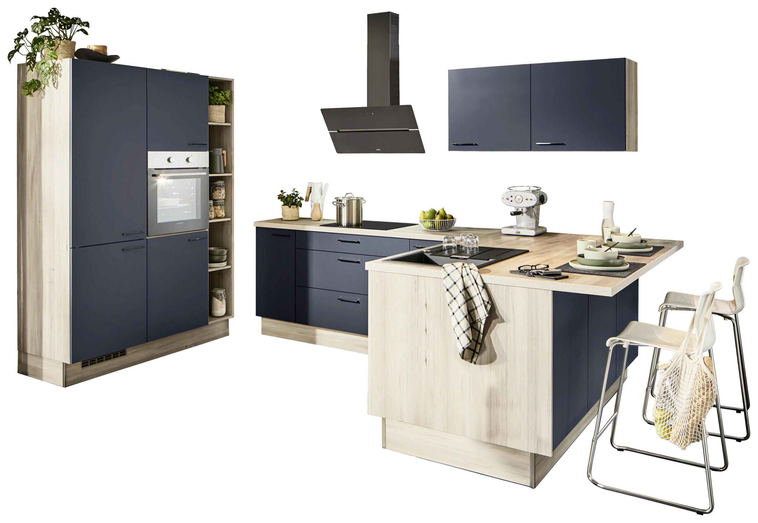 ECKKÜCHE  in Blau, Tannenholzfarben  - Blau/Tannenholzfarben, Design, Holzwerkstoff/Metall (150/280/121,6cm) - Xora