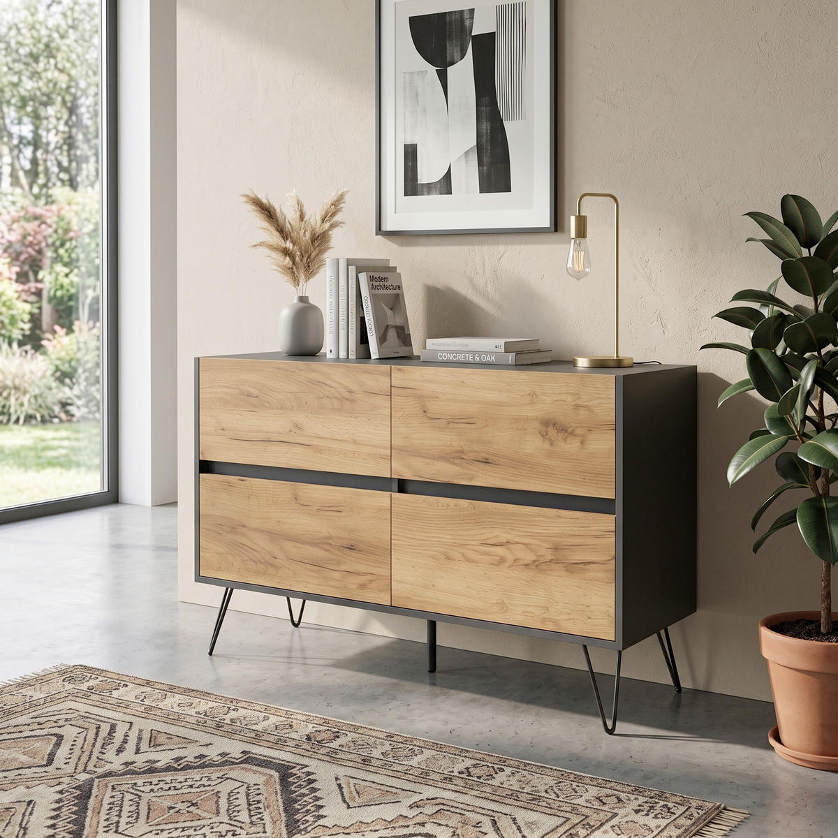 SIDEBOARD Posseik Industrial 119/75/42 cm 4 Schublade(n)  - Eichefarben/Graphitfarben, Design, Holzwerkstoff/Metall (119/75/42cm) - MID.YOU
