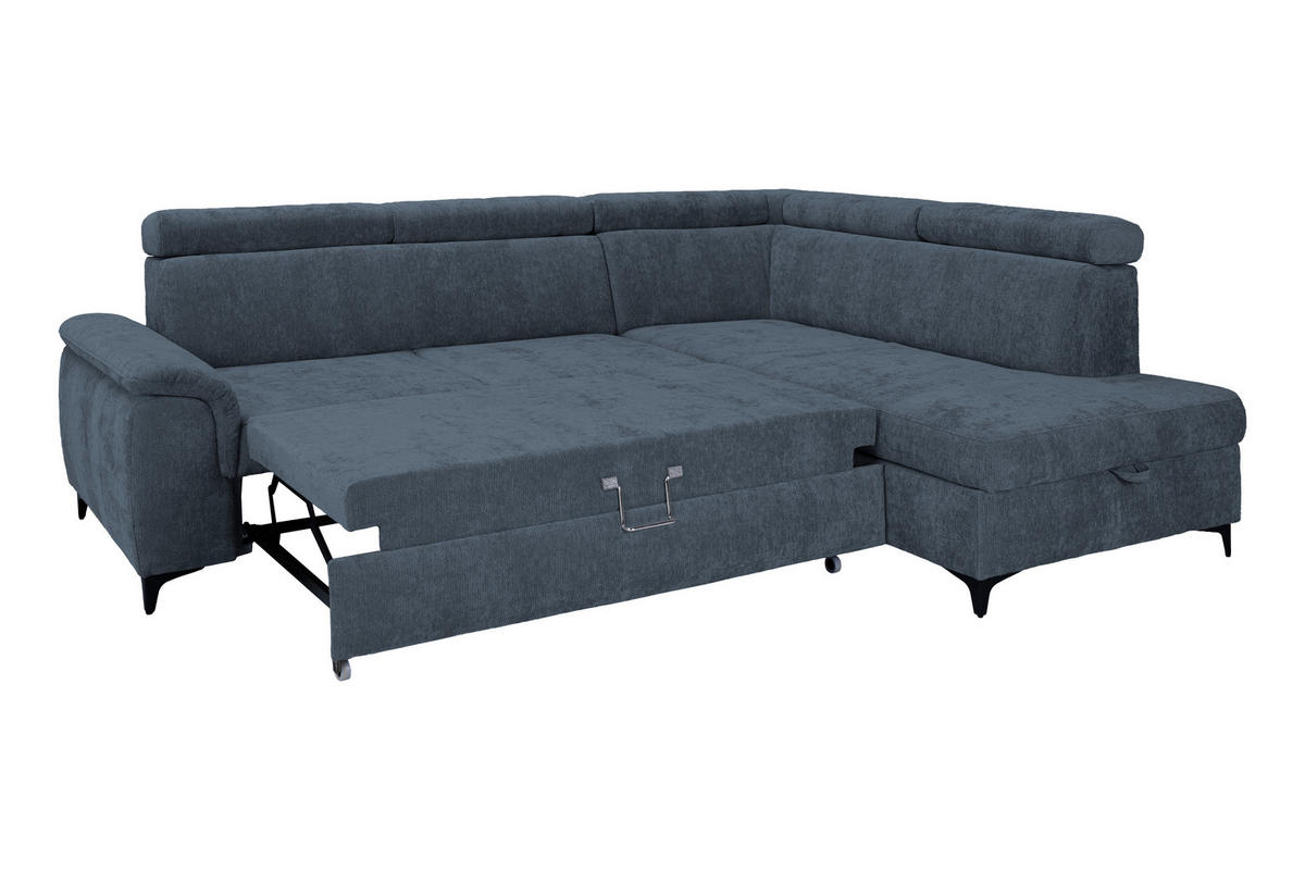 ECKSOFA Dunkelblau Chenille Bettkasten, Schlaffunktion, Rücken echt, Kopfteilverstellung, Liegefläche im Originalstoff  - Schwarz/Dunkelblau, KONVENTIONELL, Textil/Metall (265/206cm) - Carryhome