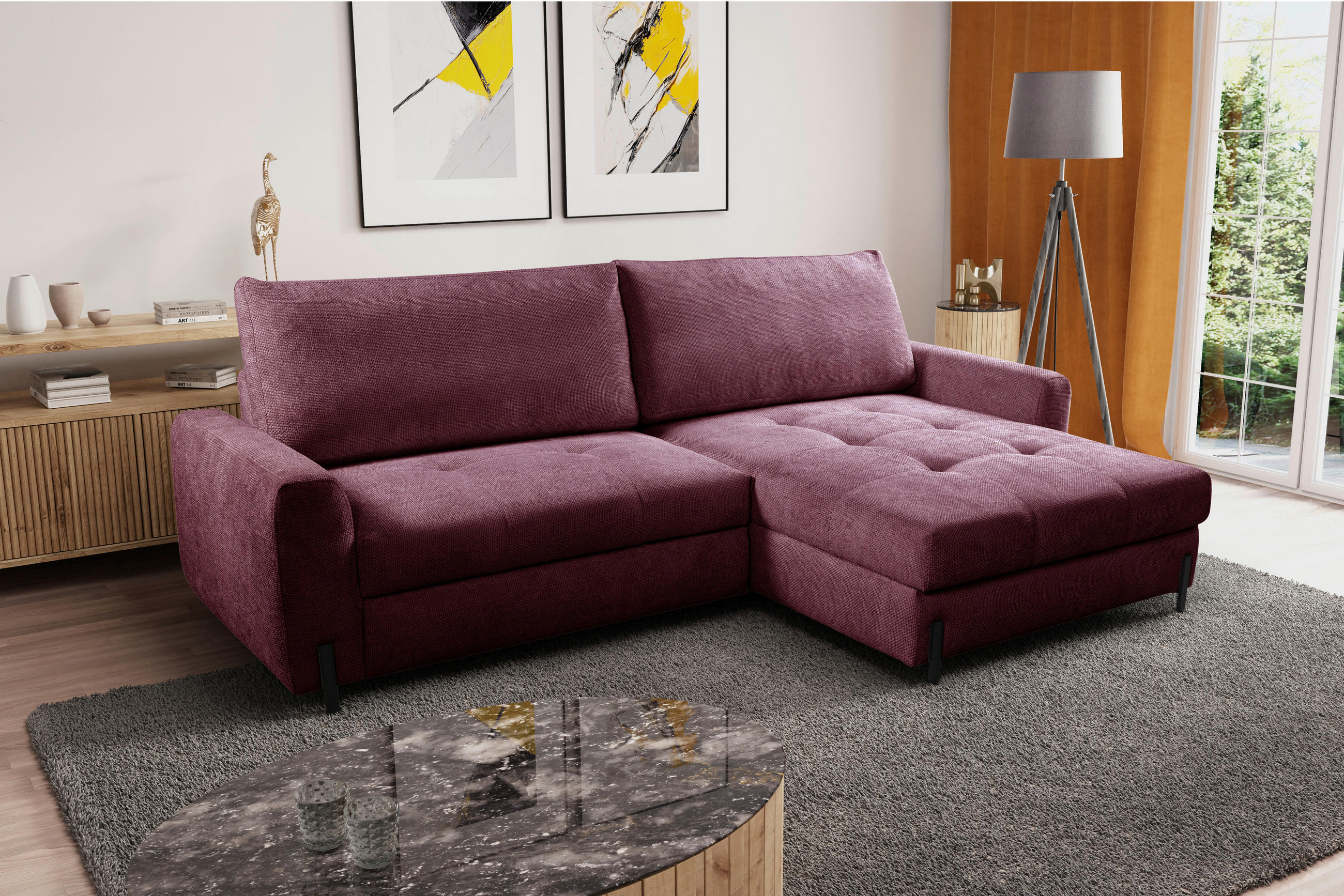 ECKSOFA in Struktur Bordeaux  - Bordeaux/Schwarz, Design, Textil/Metall (265/162cm) - MID.YOU