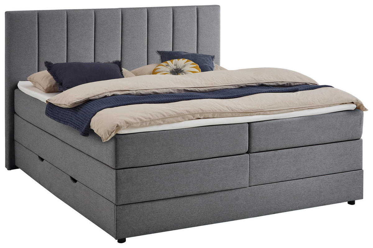 BOXBETT 180/200 cm,  in Anthrazit, Matratze, gepolstertes Kopfteil, Bettkasten, Topper, H3 = fest  - Anthrazit/Schwarz, Basics, Holz/Textil (180/200cm) - Boxxx
