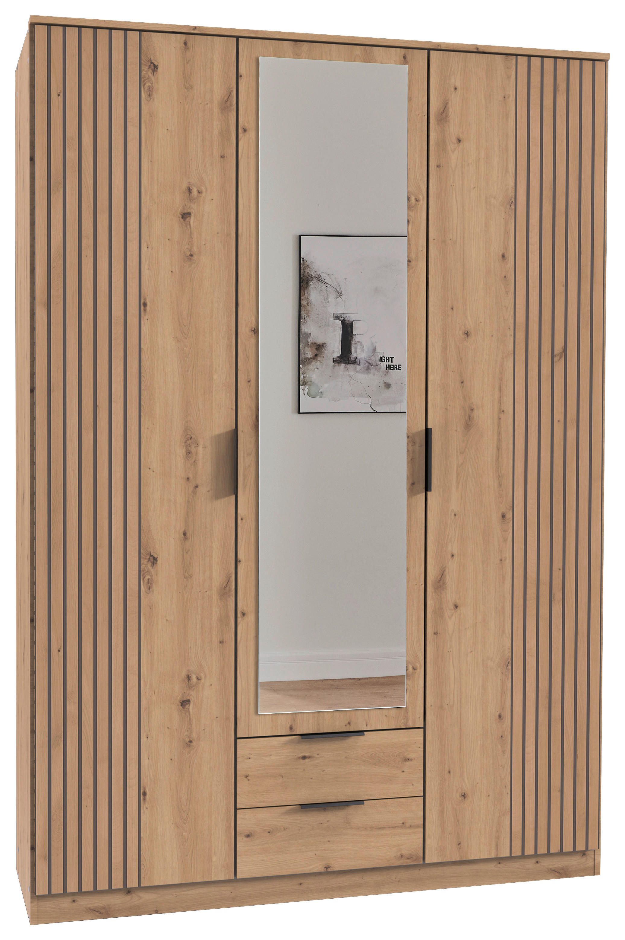 KLEIDERSCHRANK 3-türig Eiche Artisan  - Schwarz/Eiche Artisan, KONVENTIONELL, Glas/Holzwerkstoff (135/199/58cm) - Boxxx