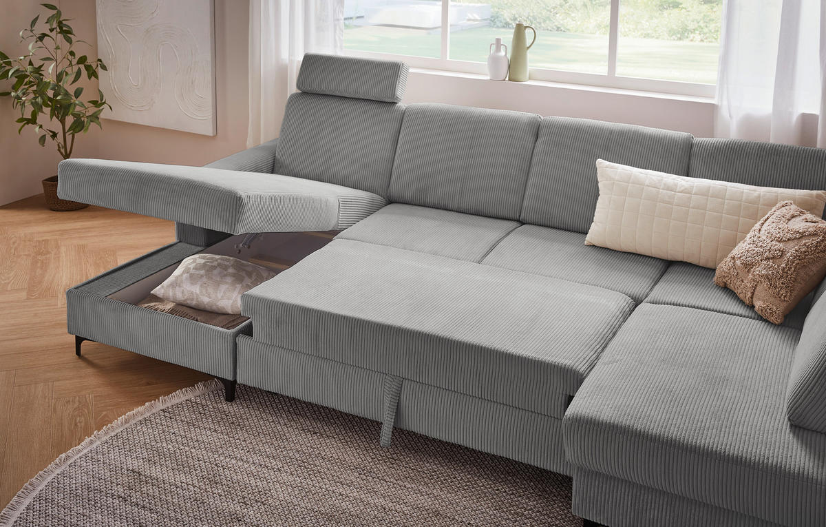 WOHNLANDSCHAFT ink. Funktionen in Cord Grau  - Schwarz/Grau, Konventionell, Textil/Metall (167/317/185cm) - Stylife