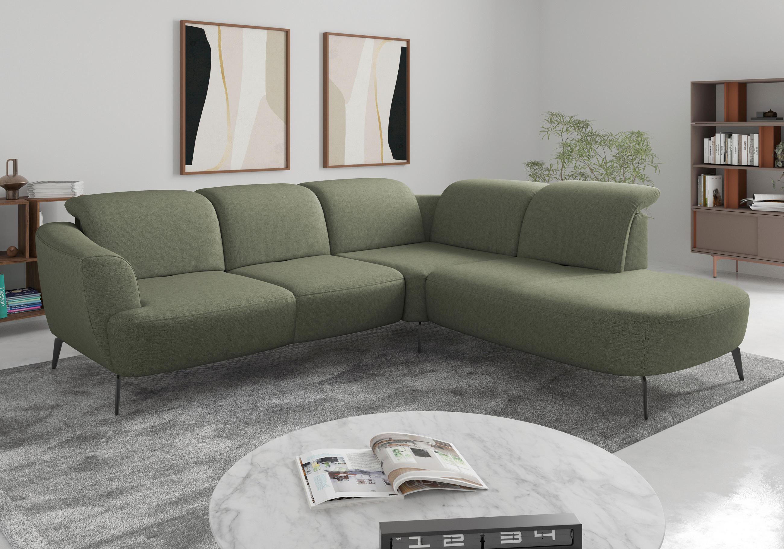 ECKSOFA ZOE E Olivgrün Flachgewebe  - Schwarz/Olivgrün, KONVENTIONELL, Textil/Metall (300/267cm) - Sit & More