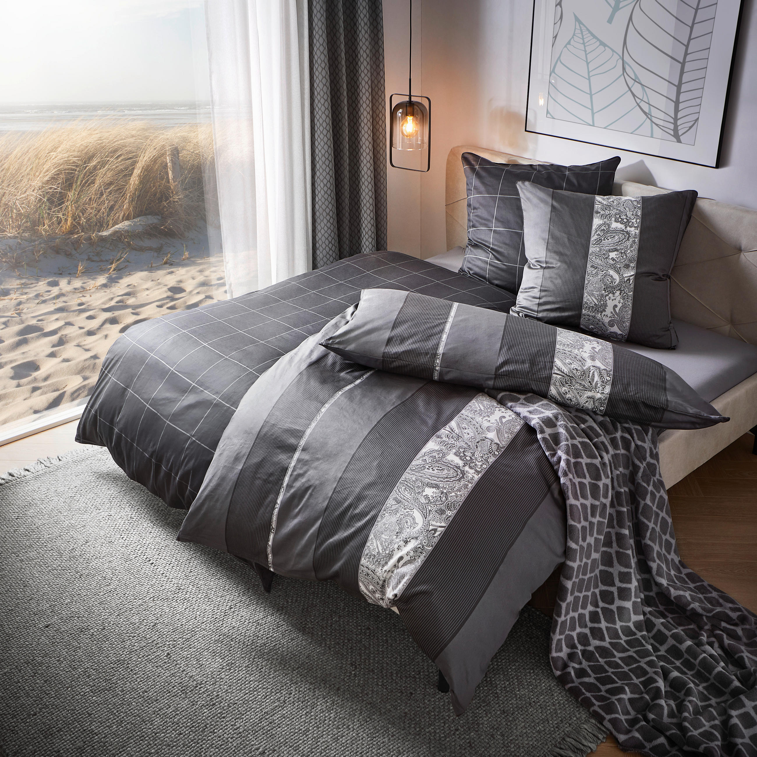 BETTWÄSCHESET STRIPES DK Satin 160/210 cm  65 cm/100 cm  - Anthrazit, Design, Textil (160/210cm) - Dieter Knoll