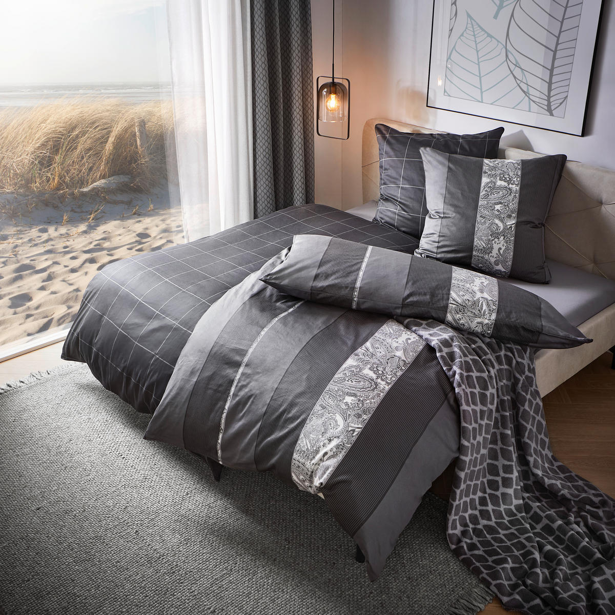 BETTWÄSCHESET STRIPES DK Satin 160/210 cm  65 cm/100 cm  - Anthrazit, Design, Textil (160/210cm) - Dieter Knoll