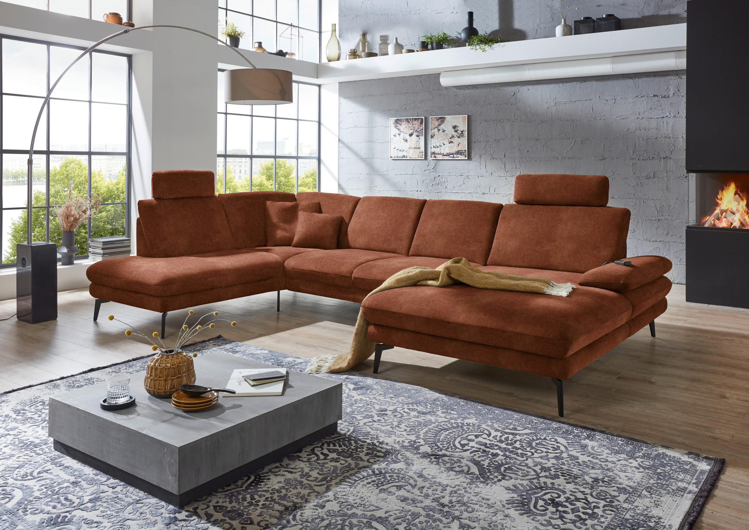 WOHNLANDSCHAFT in Velours Kupferfarben  - Schwarz/Kupferfarben, Design, Textil/Metall (208/344/180cm) - Dieter Knoll