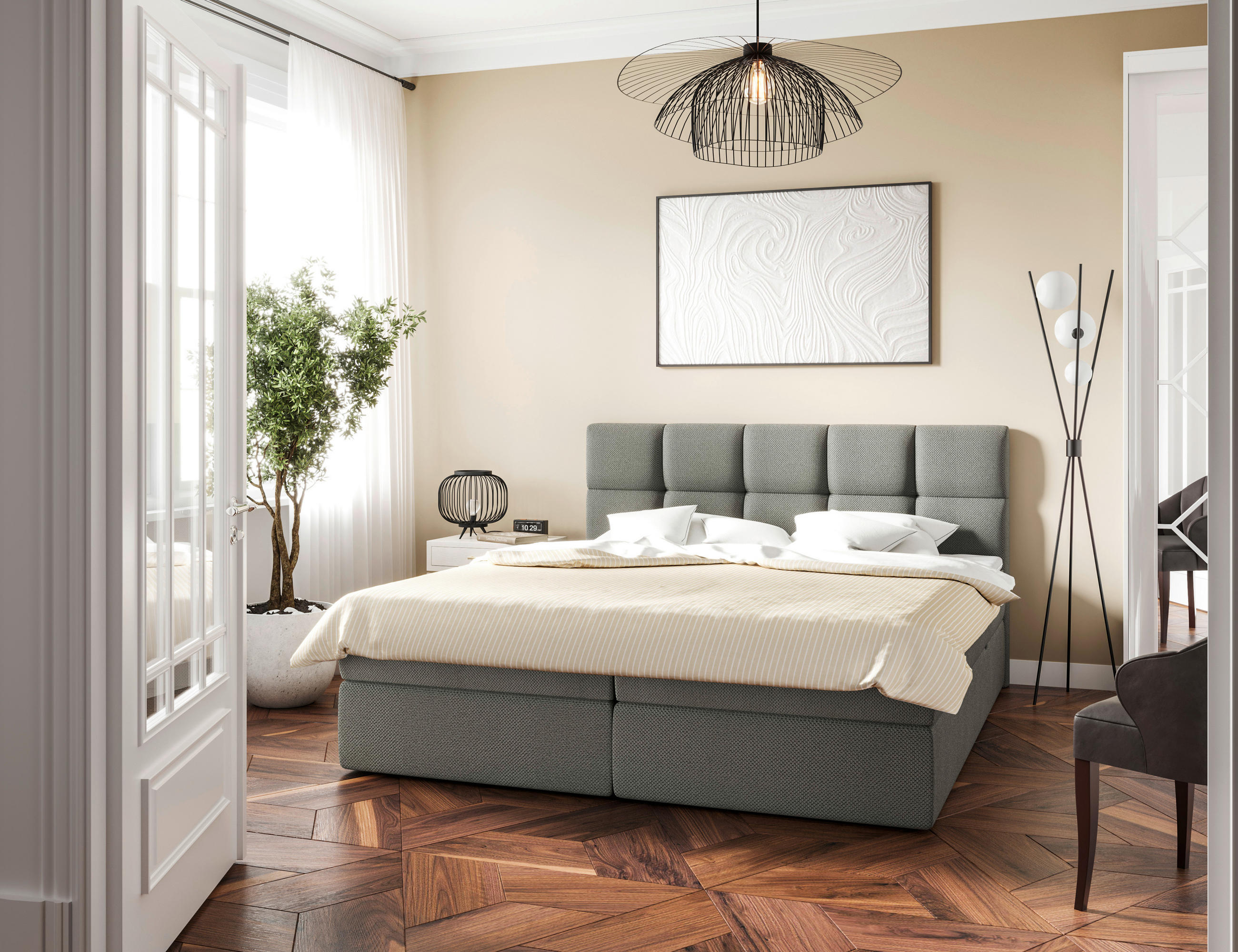 BOXBETT 160/200 cm,  in Grau, gepolstertes Kopfteil, Bettkasten, Topper, H3 = fest  - Schwarz/Grau, MODERN, Holz/Kunststoff (160/200cm) - MID.YOU