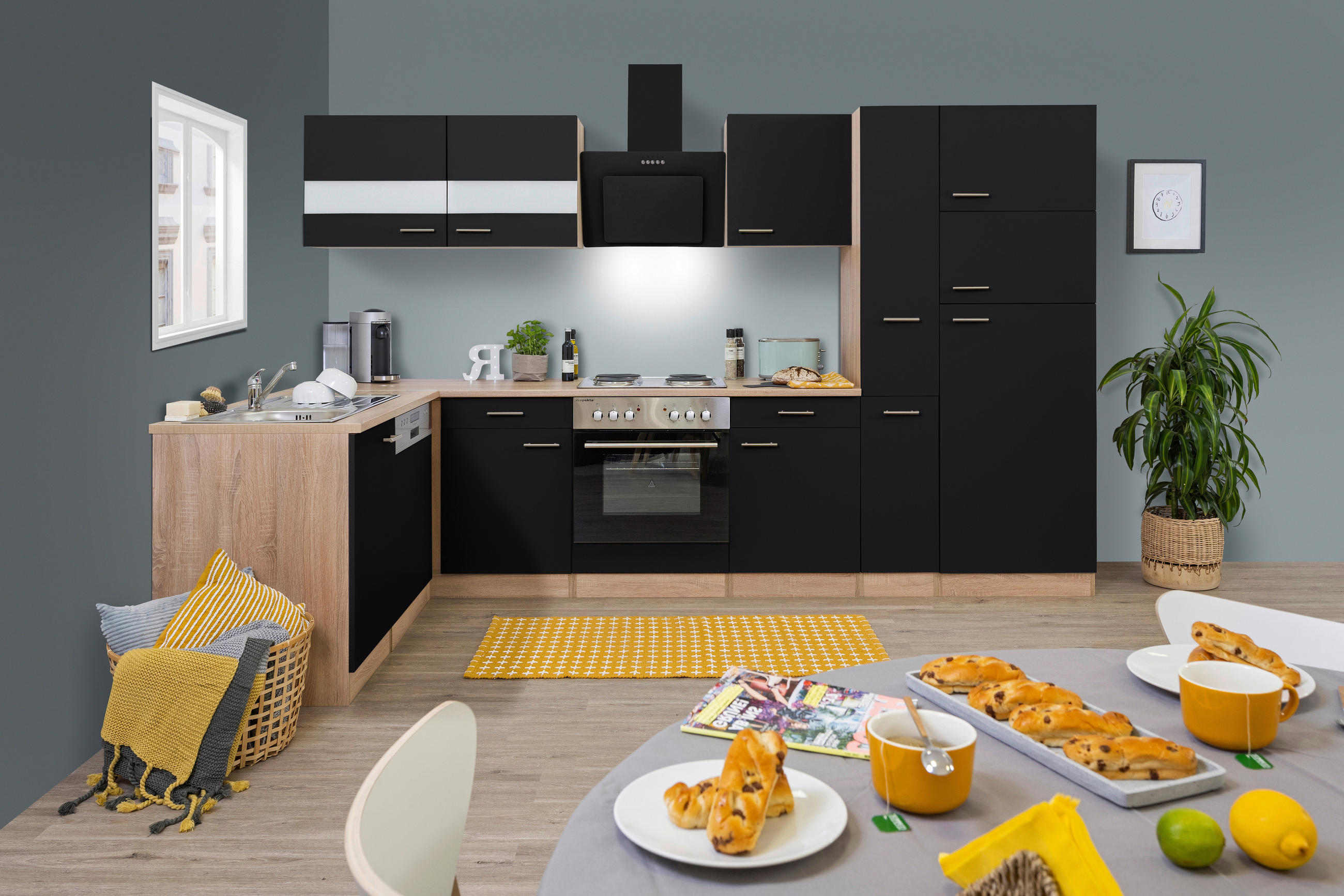 ECKKÜCHE 172/310 cm  in Schwarz, Eichefarben  - Edelstahlfarben/Eichefarben, Basics, Glas/Holzwerkstoff (172/310cm) - Respekta