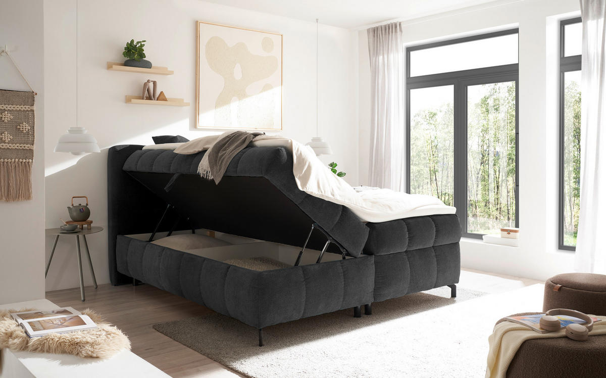 BOXBETT 180/200 cm,  in Dunkelgrau, Bettkasten, Topper, Matratzen, H2 = mittel  - Dunkelgrau/Schwarz, KONVENTIONELL, Kunststoff/Textil (180/200cm) - Hom`in