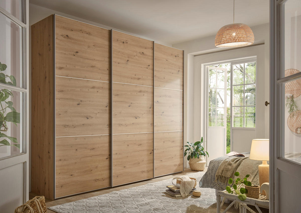 SCHWEBETÜRENSCHRANK in Eiche Artisan  - Alufarben/Eiche Artisan, Holzwerkstoff/Metall (298/222/68cm) - Moderano