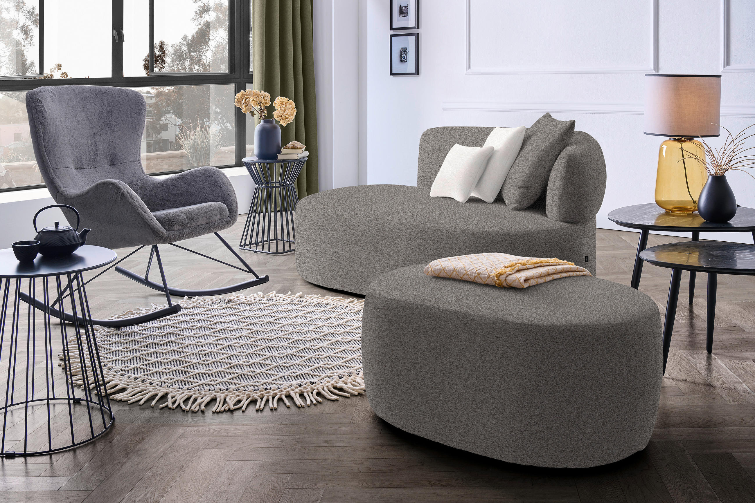 RÉCAMIERE in Plüsch Creme, Graphitfarben  - Creme/Schwarz, MODERN, Kunststoff/Textil (166/86/105cm) - Hom`in