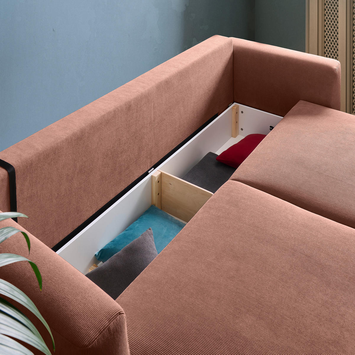 SCHLAFSOFA  mit Stoffauswahl, Schlafen auf Sitzhöhe, Rücken echt Cord Koralle  - Koralle/Schwarz, Design, Kunststoff/Textil (250/92/105cm) - Carryhome