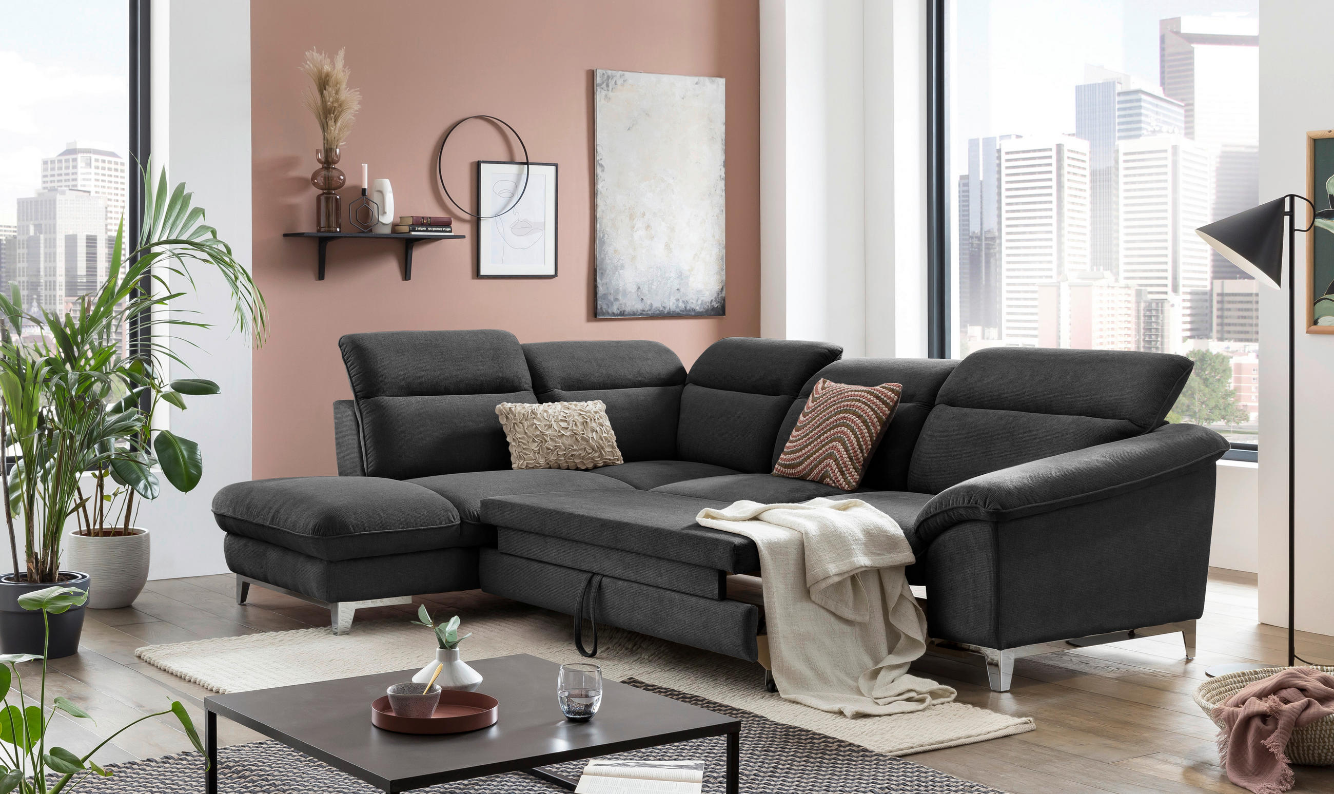 ECKSOFA in Chenille Schwarz  - Chromfarben/Schwarz, Design, Textil/Metall (232/293cm) - Livetastic