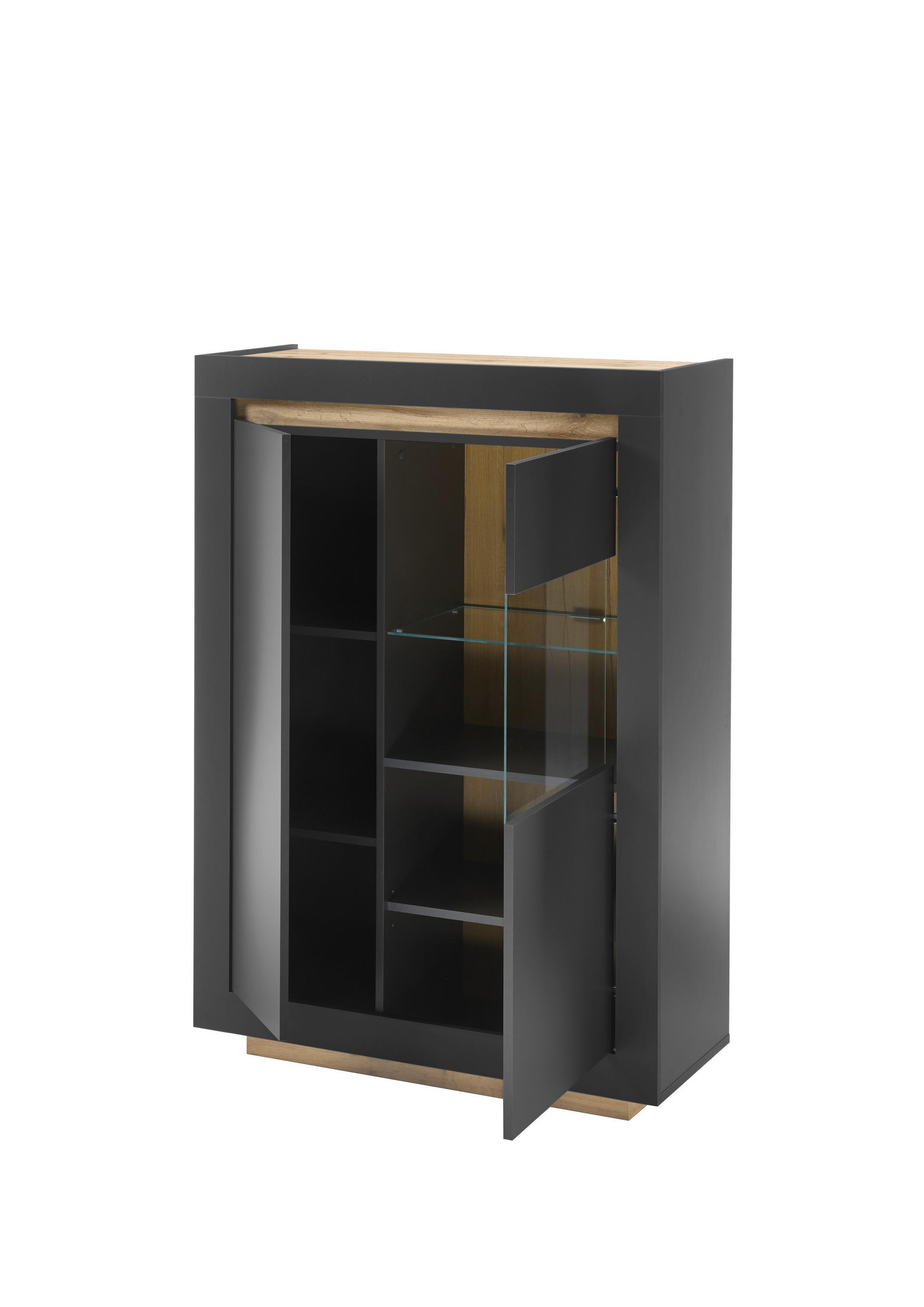 Thumbnail - Mid.you Vitrine, Anthrazit, Eiche Wotan, Holzwerkstoff, 5 Fächer, 96x136x38 cm, stehend, Holzmöbel, Holzschränke, Vitrin...