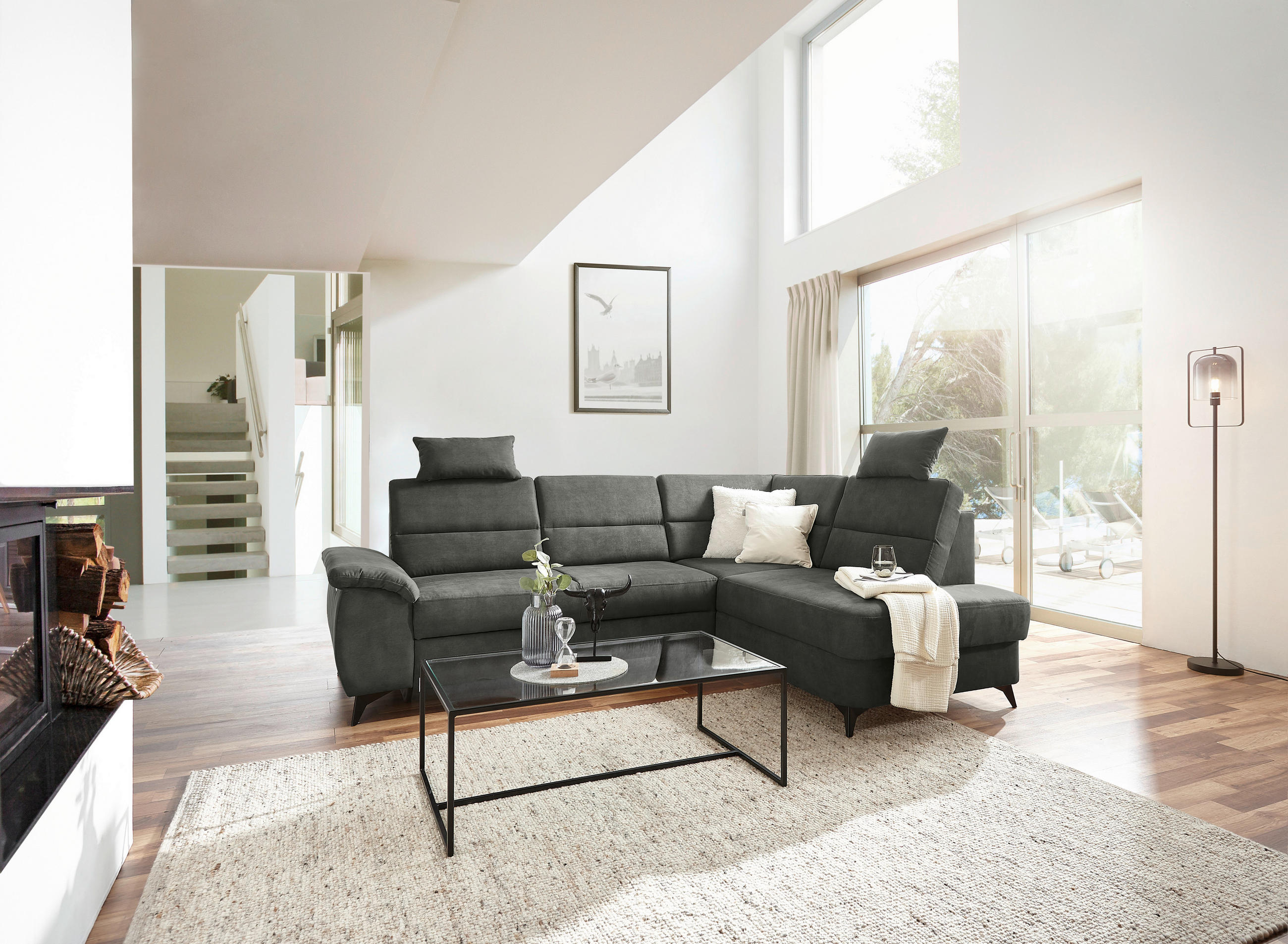 Wohnlandschaft inkl.Funktionen Anthrazit Lederlook - Anthrazit/Schwarz, KONVENTIONELL, Textil/Metall (257/194cm) - Cantus