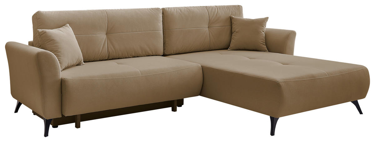 ECKSOFA GEMMA Hellbraun Flachgewebe Zierkissen, Rückenkissen, Bettkasten, Schlaffunktion, Rücken echt, Stauraum  - Hellbraun/Schwarz, Design, Textil/Metall (270cm) - P & B