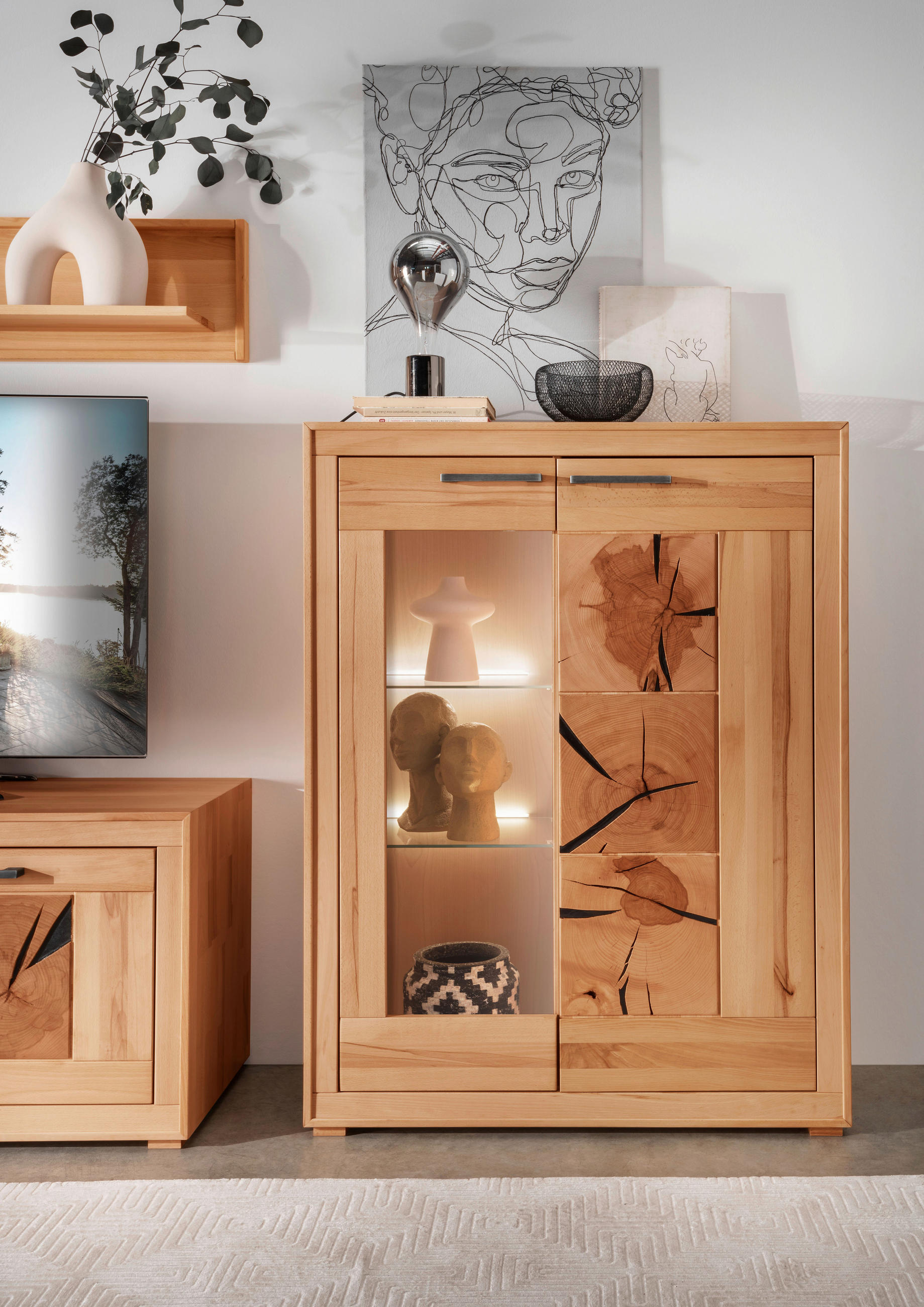 FÉLMAGAS SZEKRÉNY 103/135/40 cm  - geszt bükk/antracit, Konventionell, Üveg/fa (103/135/40cm) - Livetastic