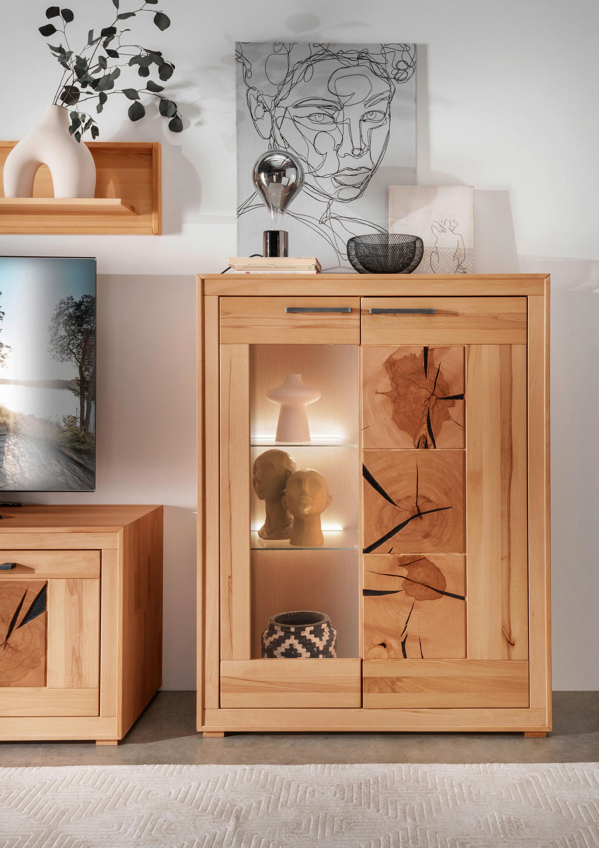 FÉLMAGAS SZEKRÉNY 103/135/40 cm  - geszt bükk/antracit, Konventionell, Üveg/fa (103/135/40cm) - Livetastic