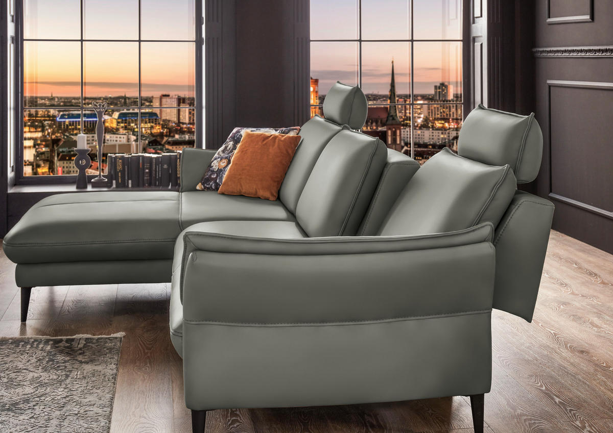 ECKSOFA in Echtleder Grau  - Schwarz/Grau, Design, Leder/Metall (172/334cm) - Hukla