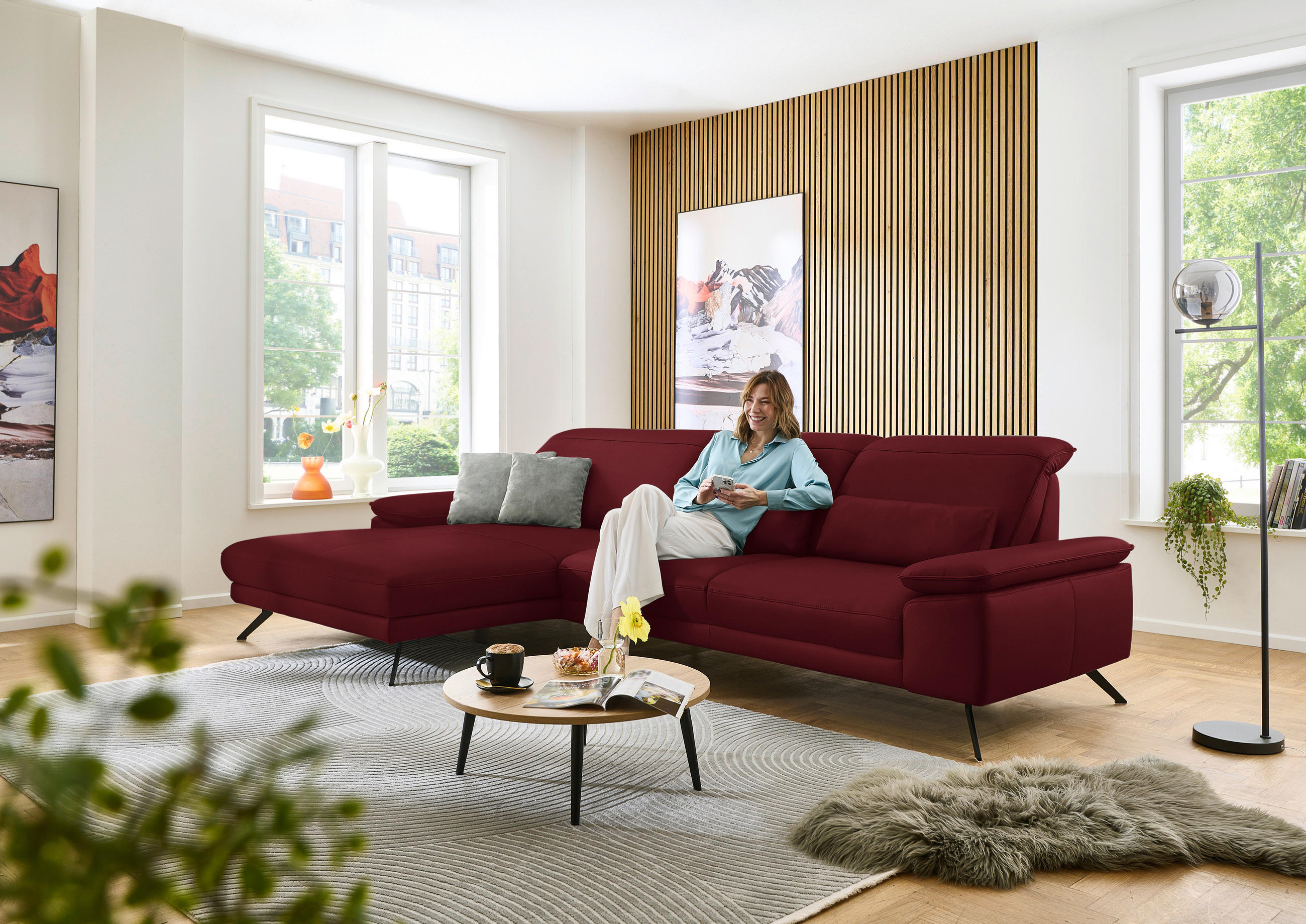 ECKSOFA in Echtleder Dunkelrot  193/332 cm  - Schwarz/Dunkelrot, Design, Leder/Metall (193/332cm) - Dieter Knoll