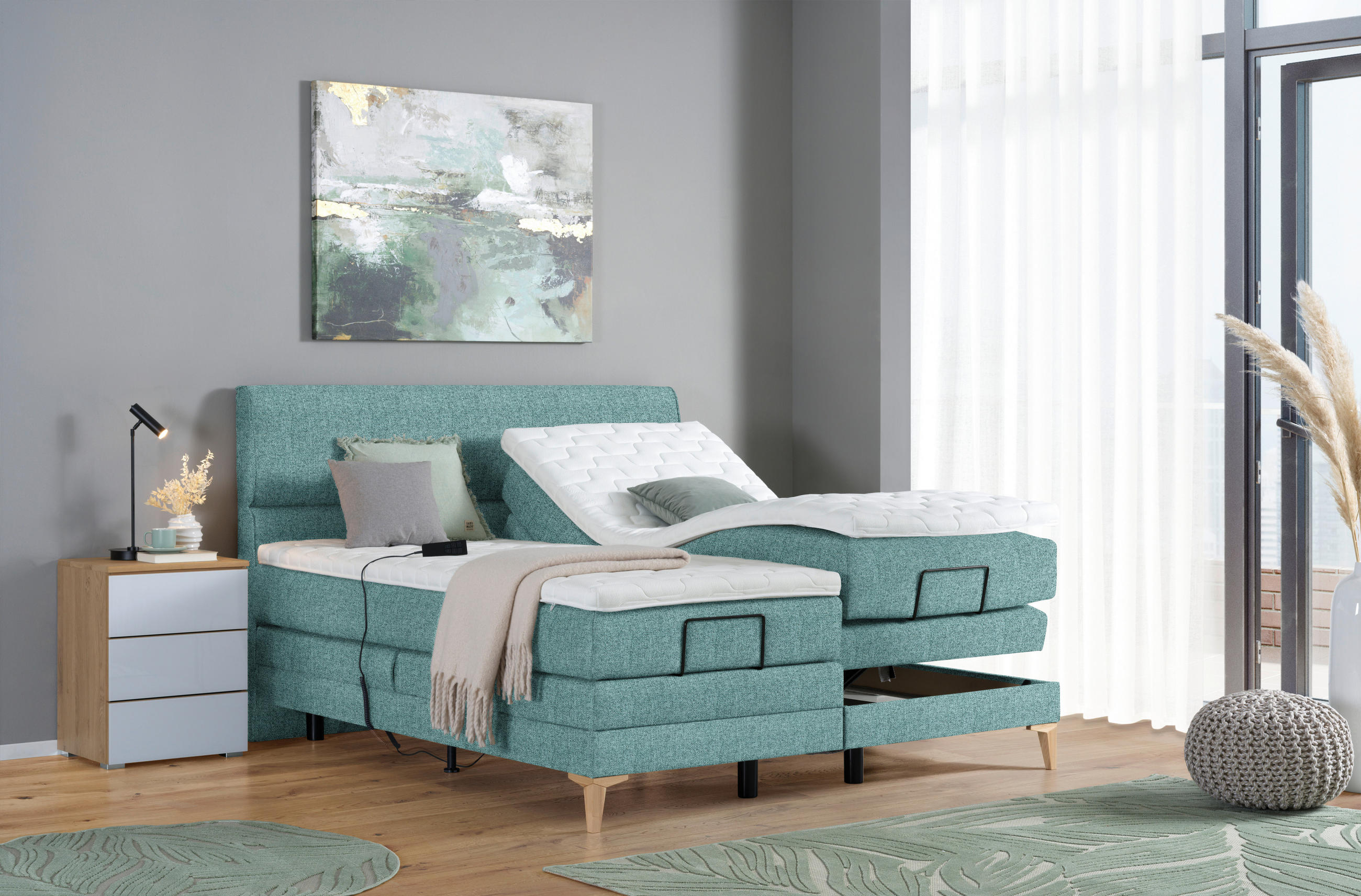 BOXSPRINGBETT 180/200 cm  in Petrol  - Eichefarben/Petrol, Konventionell, Holz/Textil (180/200cm) - Voleo