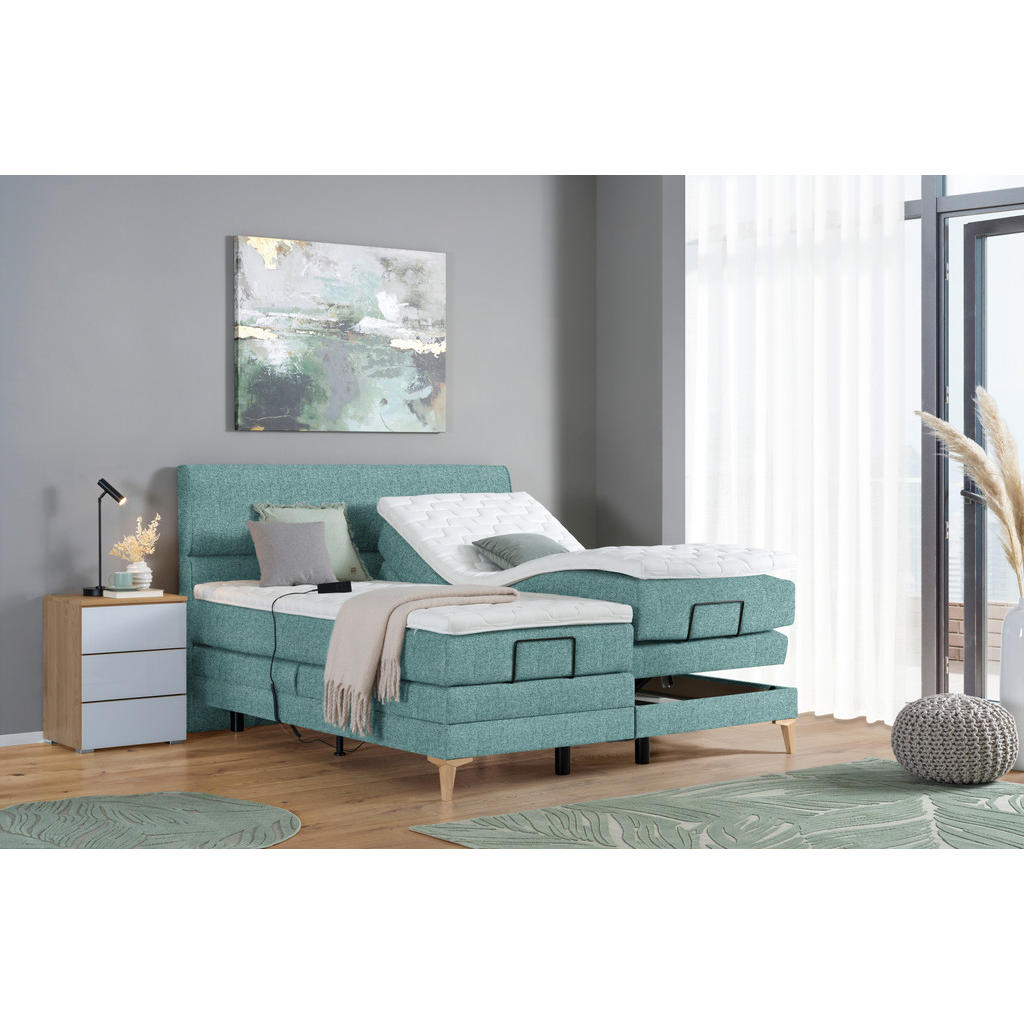 Thumbnail - Voleo Boxspringbett, Petrol, Textil, Eiche, massiv, H2 + H3, 7-Zonen, Höhe ca. 19 cm, 180x200 cm, Über- und Sondergrößen...