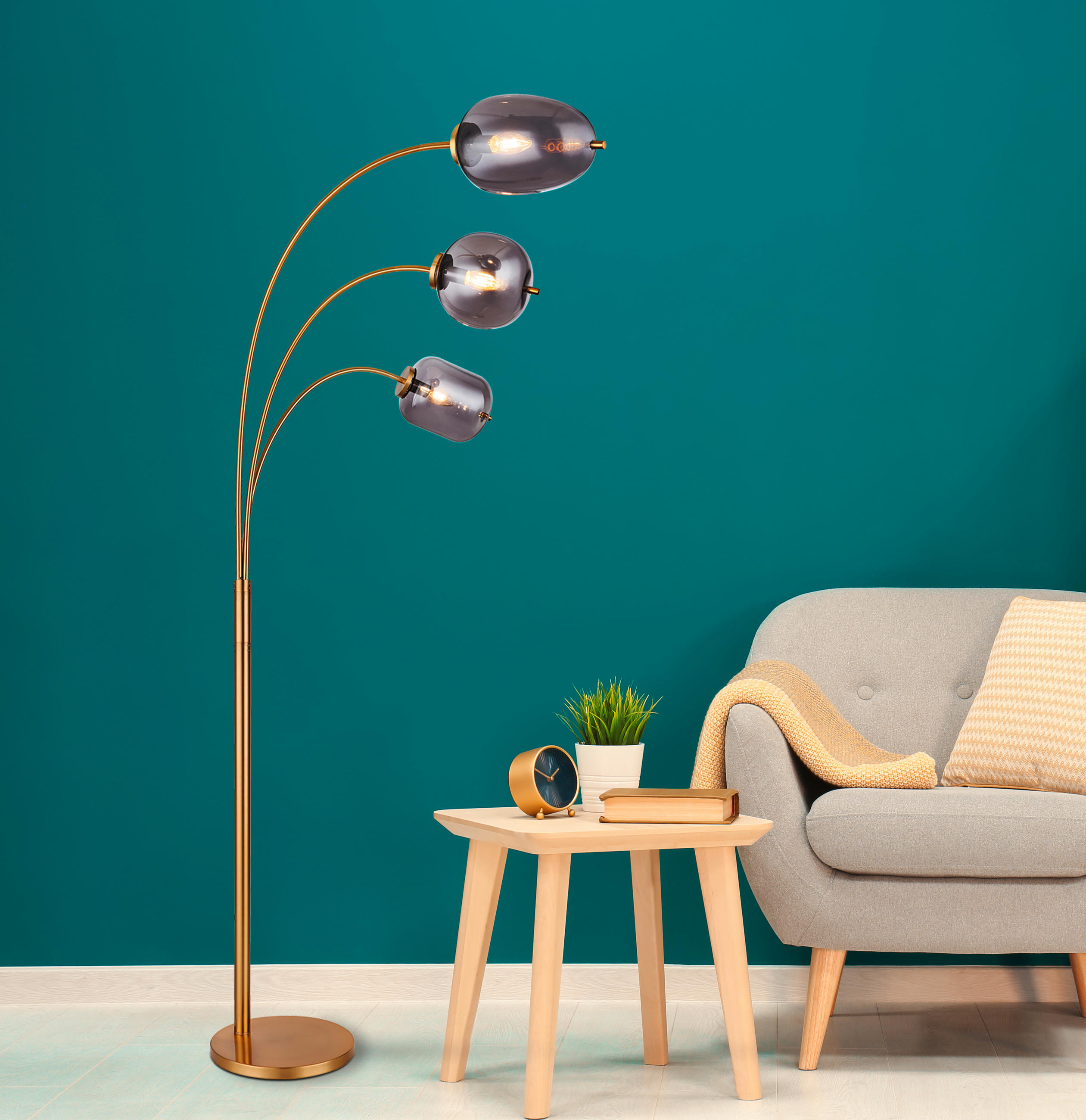 BOGENLEUCHTE - Messingfarben/Grau, Design, Glas/Metall (80/60/175cm) - Globo