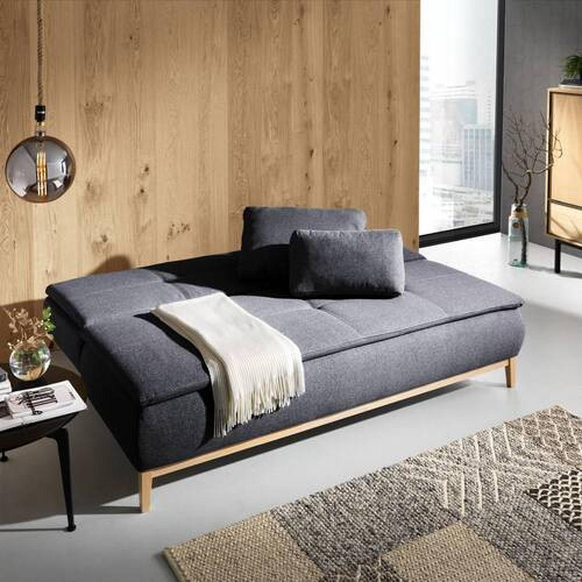 BOXSPRINGSOFA  mit Stoffauswahl, Schlafen auf Sitzhöhe Flachgewebe Dunkelgrau  - Eichefarben/Dunkelgrau, Design, Holz/Textil (202/78-93/100cm) - Carryhome