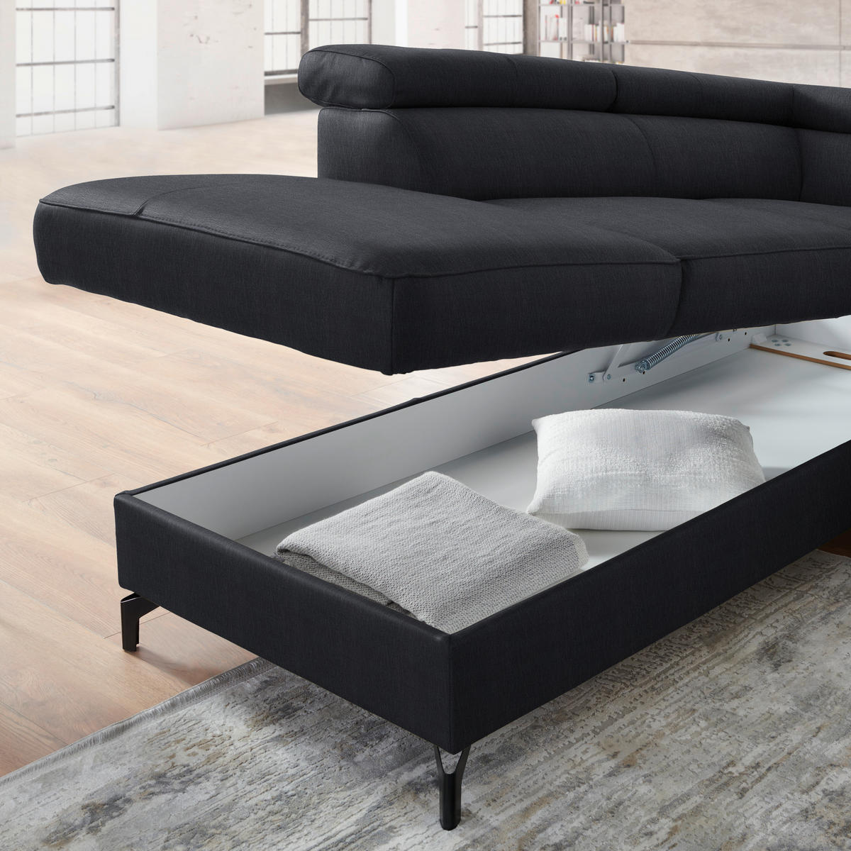 ECKSOFA in Echtleder Schwarz  - Schwarz, Design, Leder/Metall (220/256cm) - Celina Home