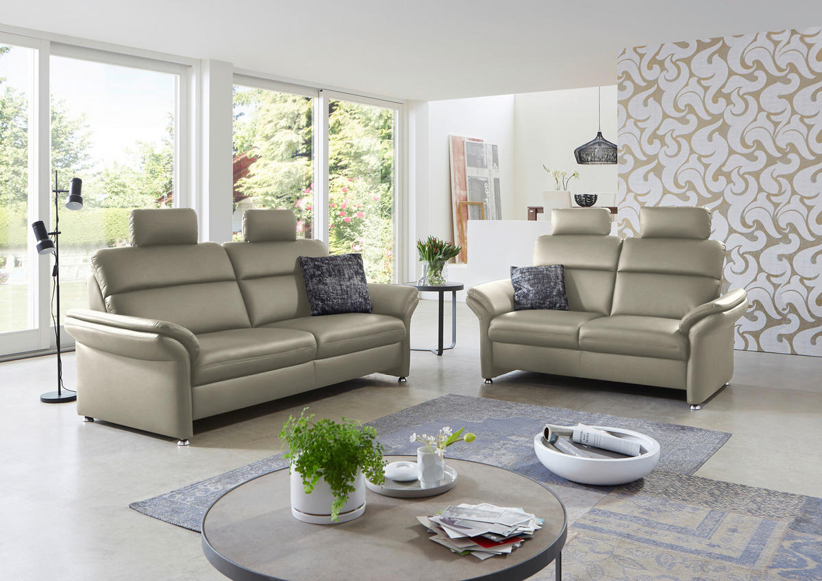 3-SITZER-SOFA in Echtleder Hellgrau  - Hellgrau/Alufarben, KONVENTIONELL, Leder/Metall (228/96/92cm) - Beldomo Premium