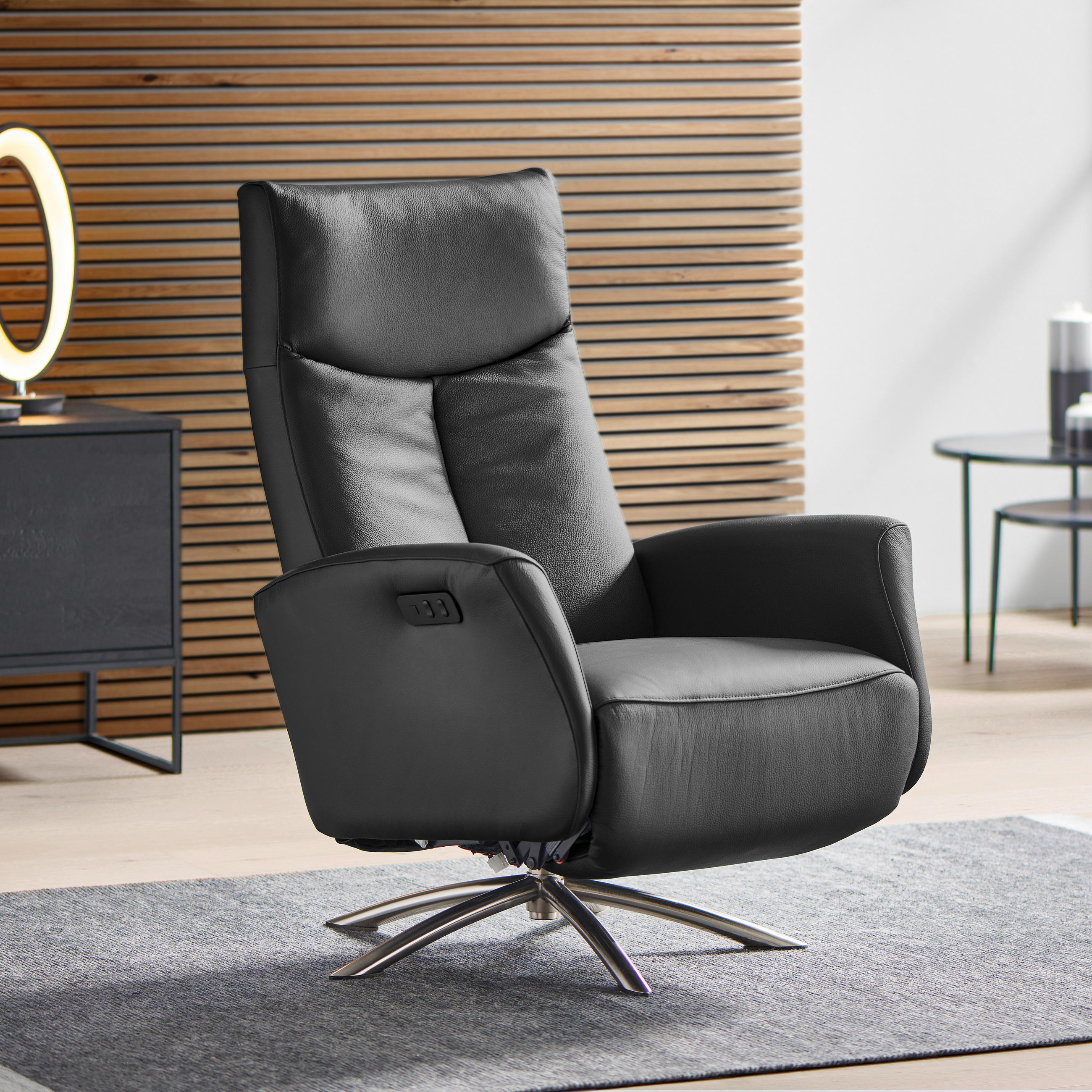 RELAXSESSEL Echtleder Relaxfunktion, Fußteilverstellung    - Silberfarben/Schwarz, Design, Leder/Metall (73/105/82cm) - Welnova