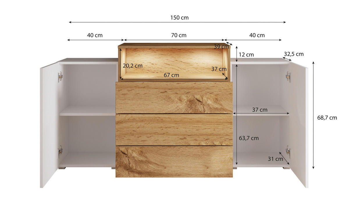 SIDEBOARD  in 150/68,7/32,5 cm  - Weiß Hochglanz/Eiche Wotan, LIFESTYLE, Holzwerkstoff/Kunststoff (150/68,7/32,5cm) - P & B