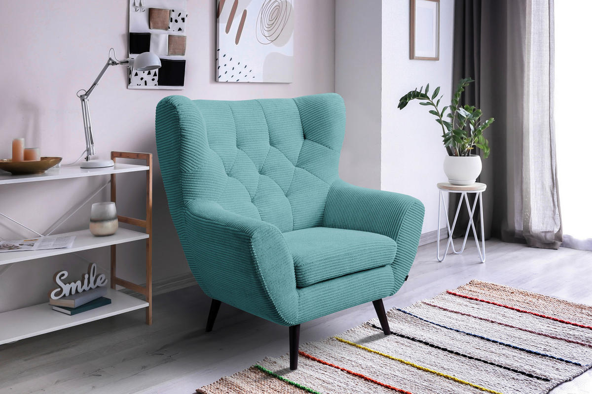 SESSEL in Cord Türkis  - Türkis/Schwarz, Design, Holz/Textil (87/101/95cm) - Stylife