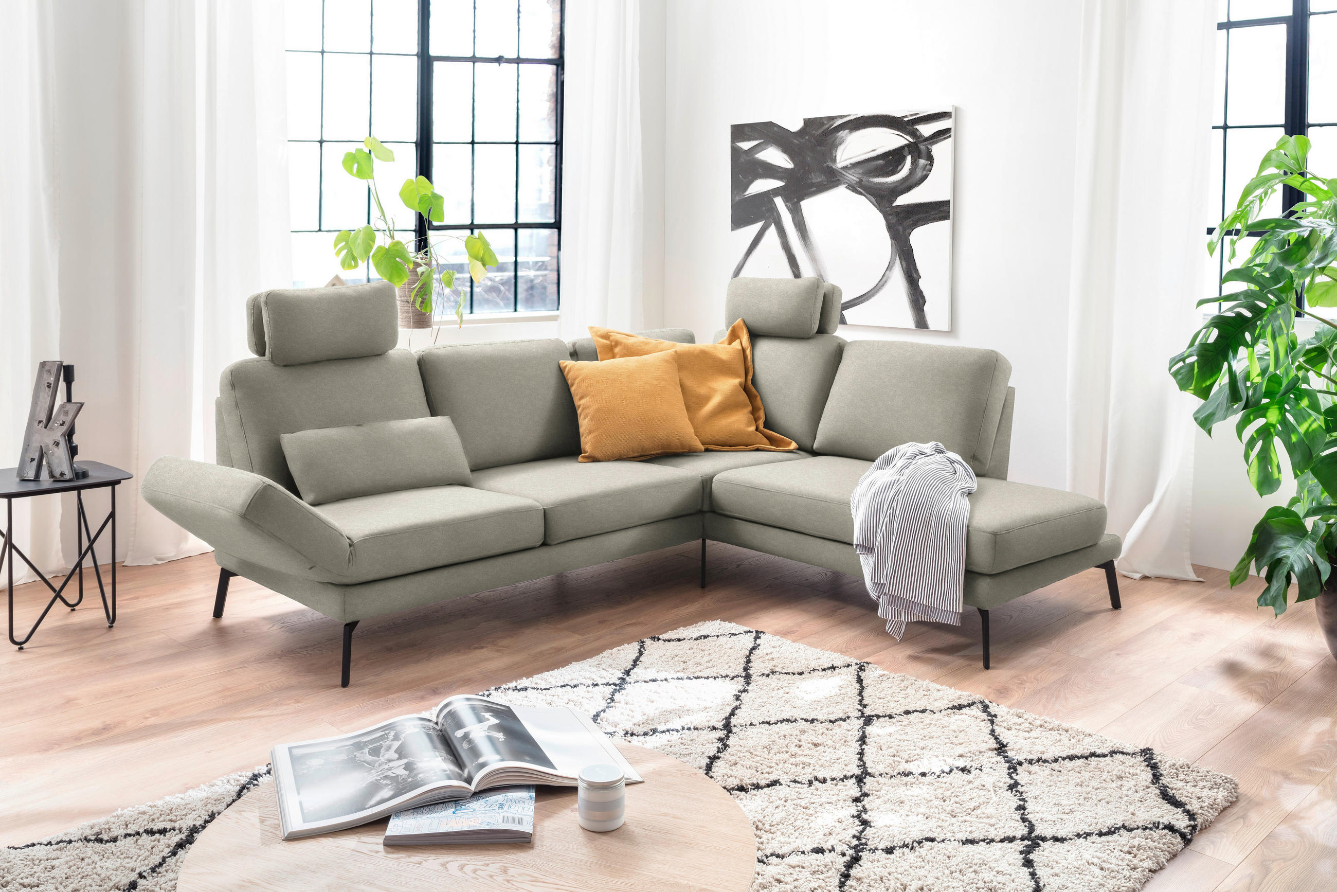 ECKSOFA in Mikrofaser Olivgrün  250-288/207-223 cm  - Schwarz/Olivgrün, KONVENTIONELL, Textil/Metall (250-288/207-223cm) - Hom`in