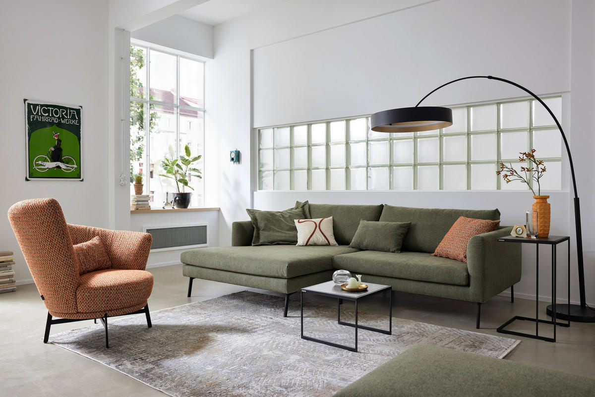 ECKSOFA Ottomane links  Dunkelgrün Flachgewebe  - Dunkelgrün/Schwarz, Design, Textil/Metall (175/267cm) - Musterring