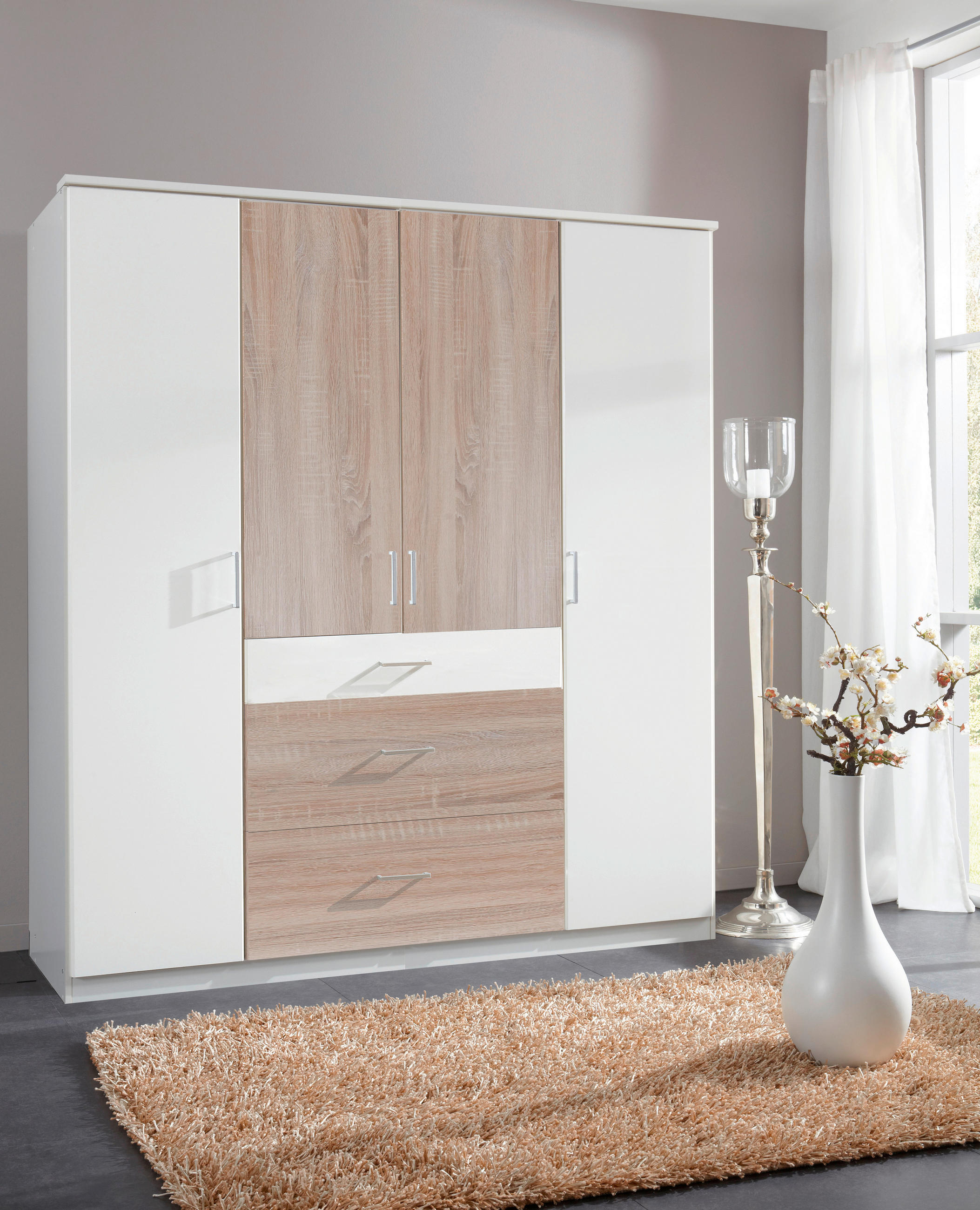 OMARA S KLASIČNIMI VRATI, bela, barve hrasta  - srebrne barve/barve hrasta, Design, umetna masa/leseni material (180/199/58cm) - Boxxx