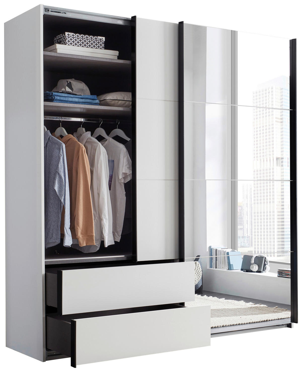 SCHWEBETÜRENSCHRANK 215/225,5/60,5 cm 2-türig Weiß, Schwarz  - Schwarz/Weiß, MODERN, Glas/Holzwerkstoff (215/225,5/60,5cm) - Xora