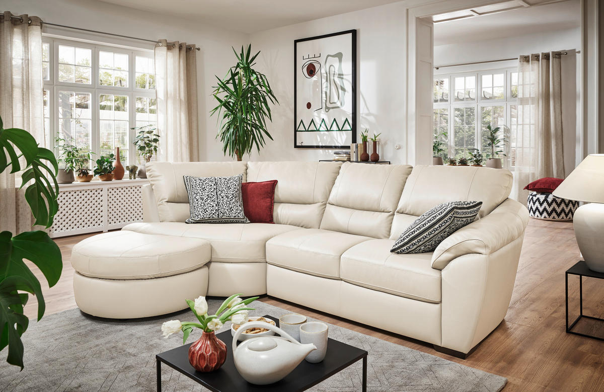 ECKSOFA  in Kombination Echtleder/Lederlook Weiß  194/273 cm  - Wengefarben/Weiß, KONVENTIONELL, Leder/Holz (194/273cm) - Livetastic